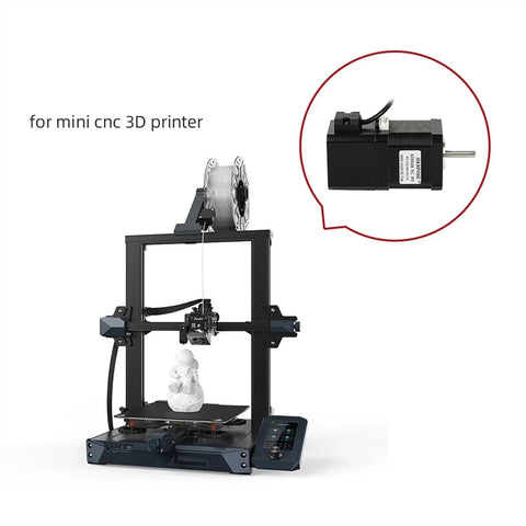 Front view of a desktop 3D printer with black frame and spool; inset shows NEMA17 stepper motor (12V, 4-lead).