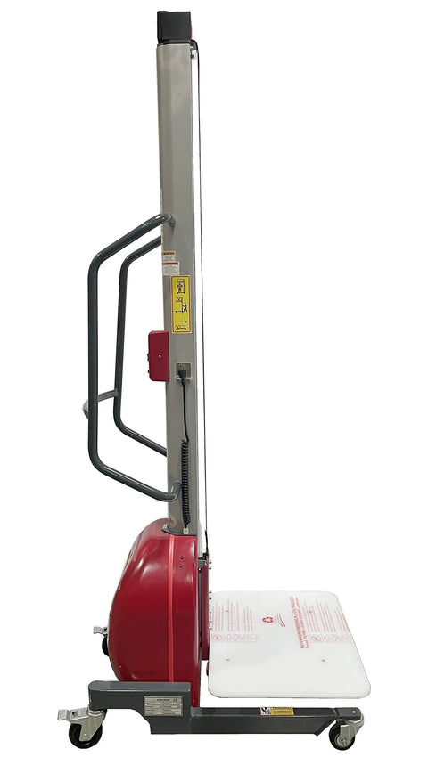 Heavy Duty Electric Lift Work Positioner Truck With 330 Lbs Capacity And 67 Inch Raised Platform Height side view showing steel gantry and platform.