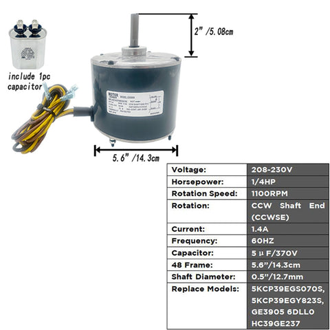 Straight Up 1/4 HP AC Condenser Fan Motor 208-230V 1100 RPM Simple Swap Replacement, showing motor with capacitor.