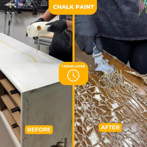 Heavy Duty Paint Varnish Remover Gel Strips Epoxy And Wood Stains From Furniture And Decks Fast With A No Sweat Soy Based Formula That Does The Heavy Lifting Without Harmful Fumes Left Behind Now, showing before and after removal of chalk paint from furniture.