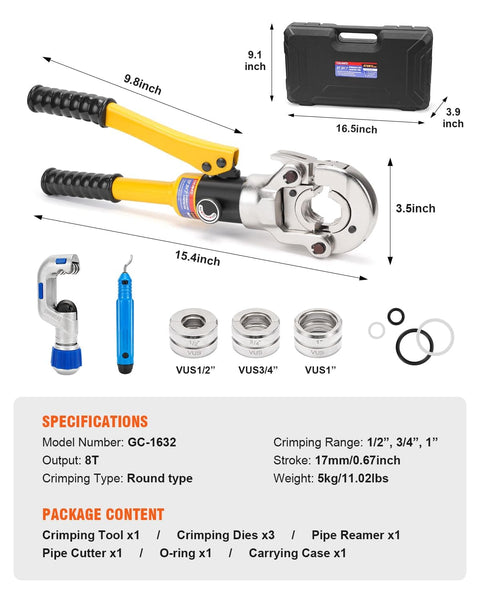 Pro Grade Beefy Hydraulic Copper Tube Fittings Press Tool Kit with case, interchangeable jaws, pipe cutter, and accessories