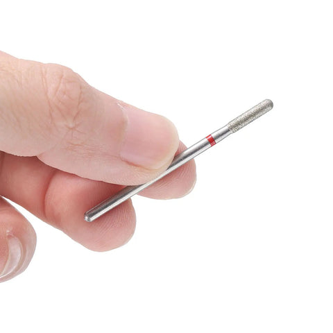Hand holding a single bit from the Five Piece 200-230 Grit Diamond Grinding Bits Set For Rotary Tools With 2.5mm Cylindrical Ball Head And 2.35mm Shank 10mm Head 45mm Total Length Perfect For Ceramic Glass Nails Grinding And Polishing.