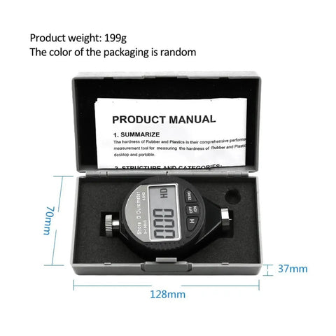 Digital Shore Hardness Durometer And Tester Meter For Rubber Leather Plastic Acrylic Portable Handheld Gauge Dead Nuts Accurate Pocket Powered Measurement Tool Black Edition in a case with manual.