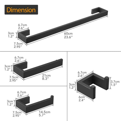 Dimensions of Matte Black Stainless Steel Finish 4 Piece Bathroom Accessory Set with 24 Inch Towel Bar and holders