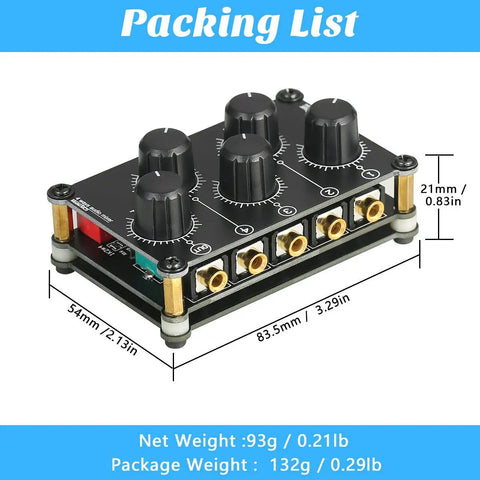 MC5 Mini Portable Stereo Mixer With Four 3.5mm Inputs And One 3.5mm Output, showing size dimensions and weight