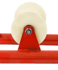 Heavy Duty Nylon Cable Puller Sheave Built Like A Rock For Smooth Wire Feeding And Large Scale Industrial Job Sites With Zero Friction Glide System, front view with red frame and white rollers.
