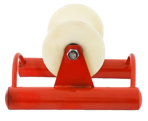 Heavy Duty Nylon Cable Puller Sheave Built Like A Rock For Smooth Wire Feeding And Large Scale Industrial Job Sites With Zero Friction Glide System, front view with red frame and white rollers.