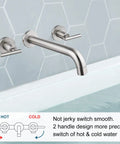 Wall Mount Tub Filler With Two-Handle Roman Tub Faucet, Long Reach Spout, Solid Brass, High-Flow 3-Hole Bath Faucet, Brushed Nickel Finish