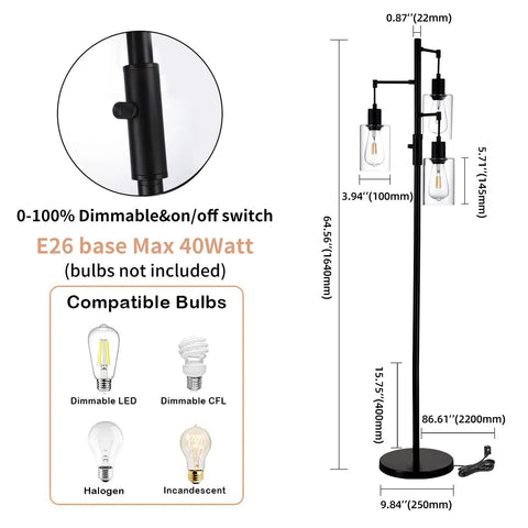 Diagram with measurements for Three Light Industrial Floor Lamp With Glass Shades For Living Room Dope Vibe