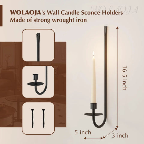 Rock Solid Black Iron Wall Candle Sconces Set Of Two, 16.5x5x3 inch wall holders made of wrought iron for ambient lighting.