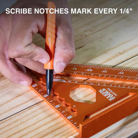 Using the Seven Inch Double Laser Etched Aluminum Rafter Square With Badass Accuracy And No Hassle Multifunctional Carpenter Measuring Layout Tool to scribe notches.