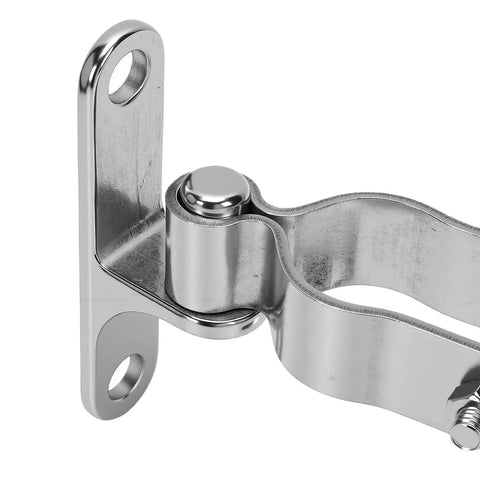 Close-up of Heavy Duty Gate Hinges Set in 304 Stainless Steel for wood and chain link fences, wall-mounted design, one hinge visible