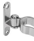 Close-up of Beefy Heavy Duty Gate Hinges One Three Eighth Inch Stainless Steel Wall Mount Two Pack with bolts and nuts attached