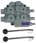 Front view of Beefy Heavy Duty Hydraulic Valve For Twin Spool Systems With 25 GPM Flow, Four Way Three Position, Tandem Center, Cast Iron, 3000 PSI, Lever Handle, In Out Three Quarter Inch NPTF, Compatible With Double Acting Valves Nine Six Seven Zero Two.