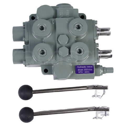 Front view of Beefy Heavy Duty Hydraulic Valve For Twin Spool Systems With 25 GPM Flow, Four Way Three Position, Tandem Center, Cast Iron, 3000 PSI, Lever Handle, In Out Three Quarter Inch NPTF, Compatible With Double Acting Valves Nine Six Seven Zero Two.