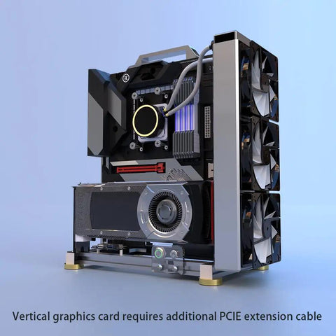 Open Frame PC Chassis Aluminum Case For ATX Motherboards, side view showcasing unlimited GPU length, killer cooling setup.