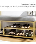 Built Different Three In One Entryway Hall Tree Featuring Upholstered Shoe Storage Bench with spacious shoe storage and gold metal frame.