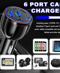 Six Port Car Charger Delivering Seventy Five Watts With Four Usb Type C And Two Classic Usb A Outlets visible in a car with devices.