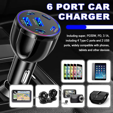 Six Port Car Charger Delivering Seventy Five Watts With Four Usb Type C And Two Classic Usb A Outlets visible in a car with devices.