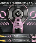 Forward reverse mode switch graphic with safety lock for Sweet Pink 12V Cordless Drill Plug And Go Kit visual guide.