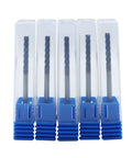 Front view: five 1/8in solid carbide long end mills, 4-flute, 30° helix in clear tubes with blue caps