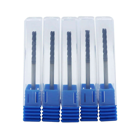 Front view: five 1/8in solid carbide long end mills, 4-flute, 30° helix in clear tubes with blue caps
