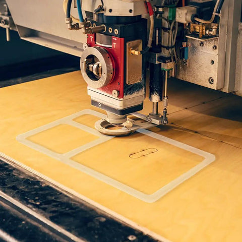 Ready To Rock 3 Pocket Router Template And Valet Tray in use on wood, clear acrylic rectangle guide aiding precision cutting.