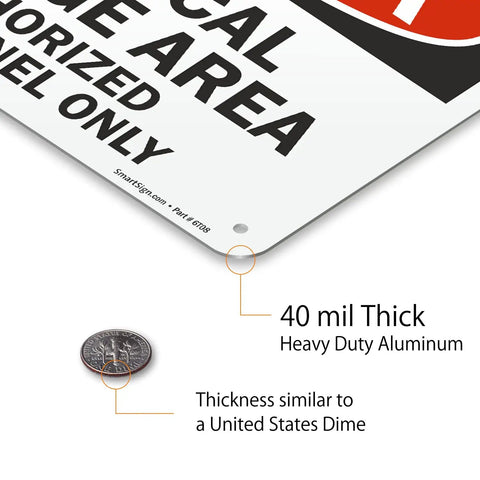 Heavy Duty Aluminum Hazard Warning Plate 7 X 10 Inches Built Like A Tank For Chemical Storage Areas And Authorized Personnel Only Rust Free Fade Resistant Print with 40 mil thickness next to a dime for size comparison.