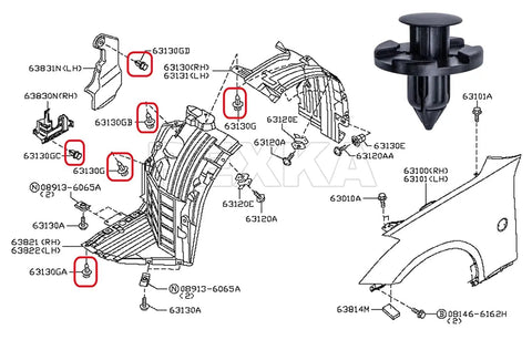 Diagram of 45 Piece Wheel Well Opening Molding Clips and Fender Flare Retainer Kit for Nissan Armada Murano showing component placement