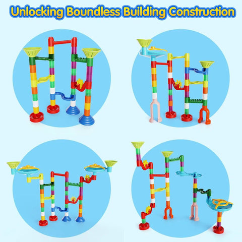 Colorful Marble Run Toy Set With 110 Pieces And 60 Marbles STEM Educational Marble Maze Kit For Kids showcasing track designs.