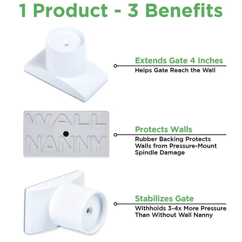 Infographic showing benefits of Four Inch Gate Extender For Baby Gates Extends Pressure Mounted Gates By Four Inches Protects Walls And Baseboards Stabilizes Gate On Stairs For Kids Pets And Dogs Made In USA Four Pack Black