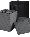 Heavy Duty RV Camper Leveling Blocks 12 Pack With Interlocking Stabilizer Jack Pads For Trailer Rig Ground Support Hella Sweet Campout Setup Gear In Durable Gray stacked with black storage bag and individual pads visible.