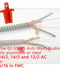 Anti-Short Bushing 5 by 16 Inch FMC Cable Bushing For 14 by 2 And 12 by 2 AC Wire, Plastic Conduit Fitting With Pull Tab, 80 Pack, red plastic bushing beside armored cable and wire ends