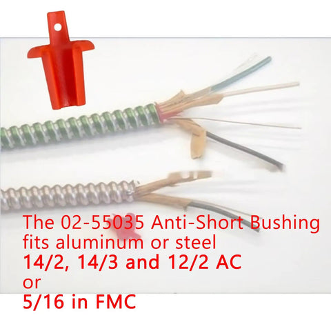 Anti-Short Bushing 5 by 16 Inch FMC Cable Bushing For 14 by 2 And 12 by 2 AC Wire, Plastic Conduit Fitting With Pull Tab, 80 Pack, red plastic bushing beside armored cable and wire ends