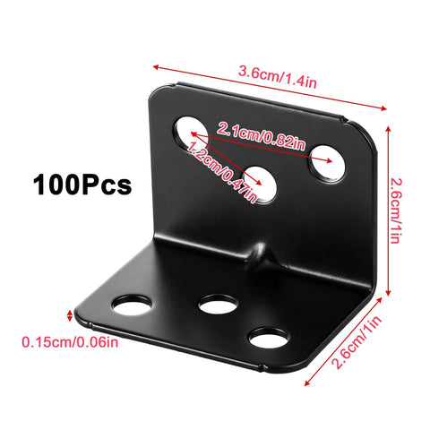 Heavy Duty Stainless Steel L Shape Corner Braces Kit with 100 Pieces and 600 Screws for wood shelves, cabinets, and furniture.