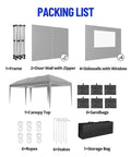 Packing list of Heavy Duty 10 By 20 Pop Up Canopy Tent with frame, sidewalls, sandbags, ropes, stakes, and storage bag.