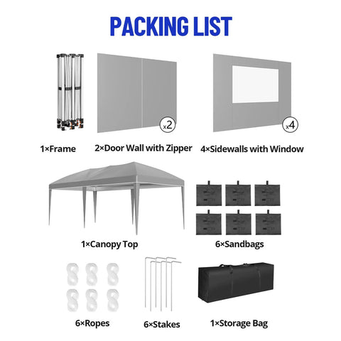 Packing list of Heavy Duty 10 By 20 Pop Up Canopy Tent with frame, sidewalls, sandbags, ropes, stakes, and storage bag.