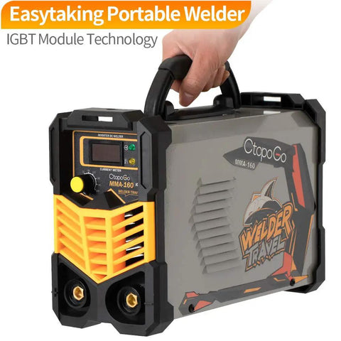 Person holding 160A MMA Beast Arc Welder With IGBT Inverter And Digital LCD Display Hot Start Anti-Stick Arc Force for shop.