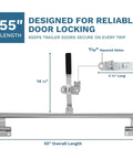 Diagram of 55-Inch Cam Bar Door Lock For Enclosed Trailers And RVs, showing dimensions and heavy-duty zinc-plated steel material.