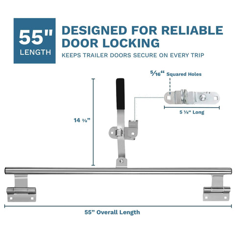 Diagram of 55-Inch Cam Bar Door Lock For Enclosed Trailers And RVs, showing dimensions and heavy-duty zinc-plated steel material.