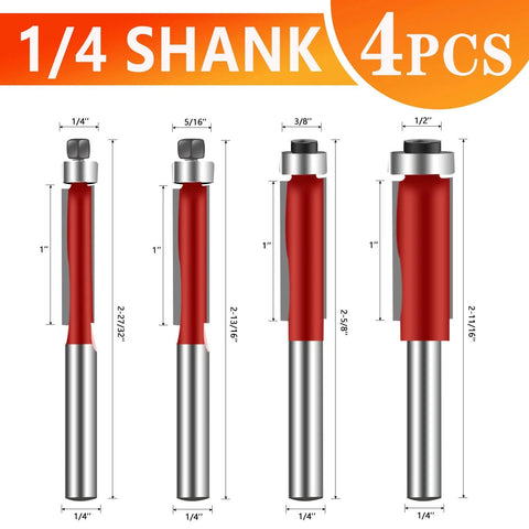 Set of 4 red router bits with 1/4 inch shank, various sizes, for woodworking precision routing.