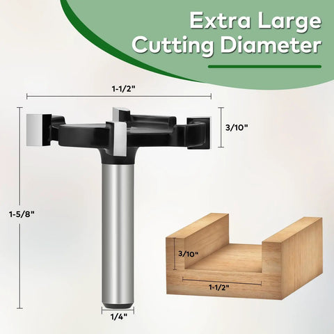 Image of Beefy Slab Flattening Router Bit 1-1/2 Inch Cutting Diameter, 1/4 Inch Shank, 4-Wing Carbide Spoilboard Surfacing Bit with dimensions