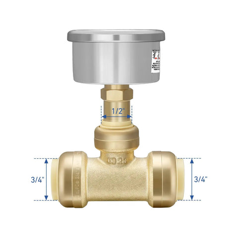Push To Connect 2 Inch Liquid Filled Pressure Gauge With 3/4 Inch Tee, Stainless Steel Glycerine-Filled Gauge for PEX systems