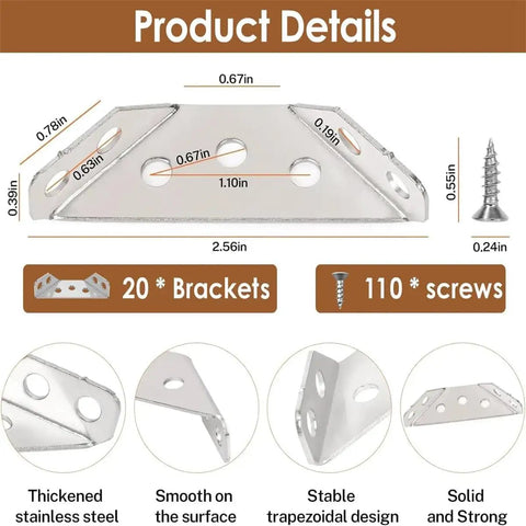 Router Table Plate And Furniture Corner Connector Kit with 20 pcs universal stainless steel L brackets and screws detail