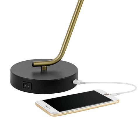 Industrial Luxe 17 Inch Desk Lamp In Matte Black With Antique Brass Accents base and USB port charging phone