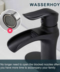 Waterfall Matte Black Bathroom Faucet For Single Hole Or 3 Hole Sinks With Ceramic Valve, shown close-up with spout detail