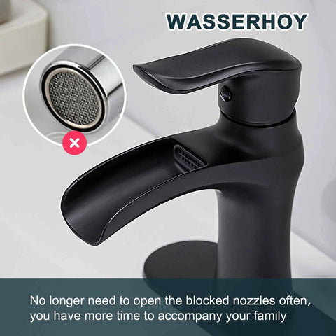 Waterfall Matte Black Bathroom Faucet For Single Hole Or 3 Hole Sinks With Ceramic Valve, shown close-up with spout detail