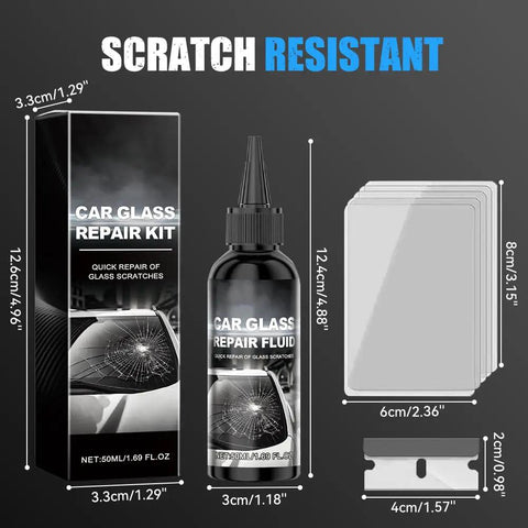 Windshield Crack Repair Kit For Cars 2025 Upgraded Quick Fix Set For Chips And Cracks DIY Glass Repair Tools With Fast Curing Resin To Restore Clarity In Minutes No Tools Needed, showing product box, repair fluid, and accessories