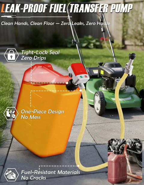 Battery Powered Gas Can Pump For Quick Fuel Transfers, Electric Siphon Pump With Auto Stop At 3.4 GPM, attached to a 5 gallon can