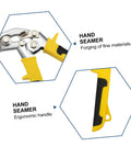 Close-up of Pro Grade Hand Seamer Tool For Ductwork With Ergonomic Folding Design and yellow grip, showcasing its features.